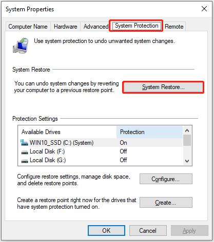 The System Properties interface with the selected System Restore option.