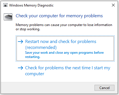 The Windows Memory Diagnostic interface with the selected the Restart now and check for problems option.