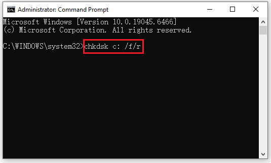 The chkdsk command typed in the Command Prompt interface.