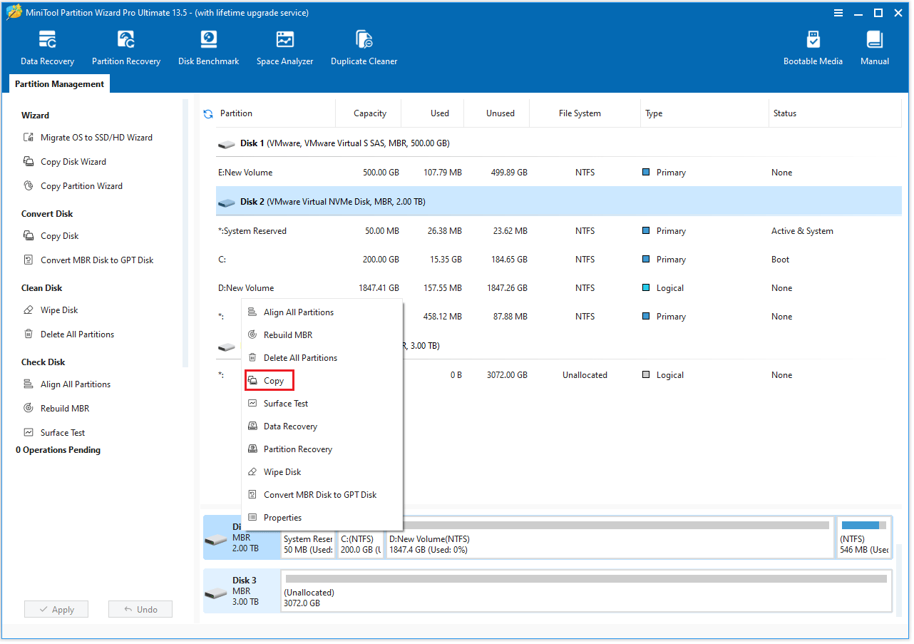 MiniTool Partition Wizard interface with the process of choosing the Copy option.