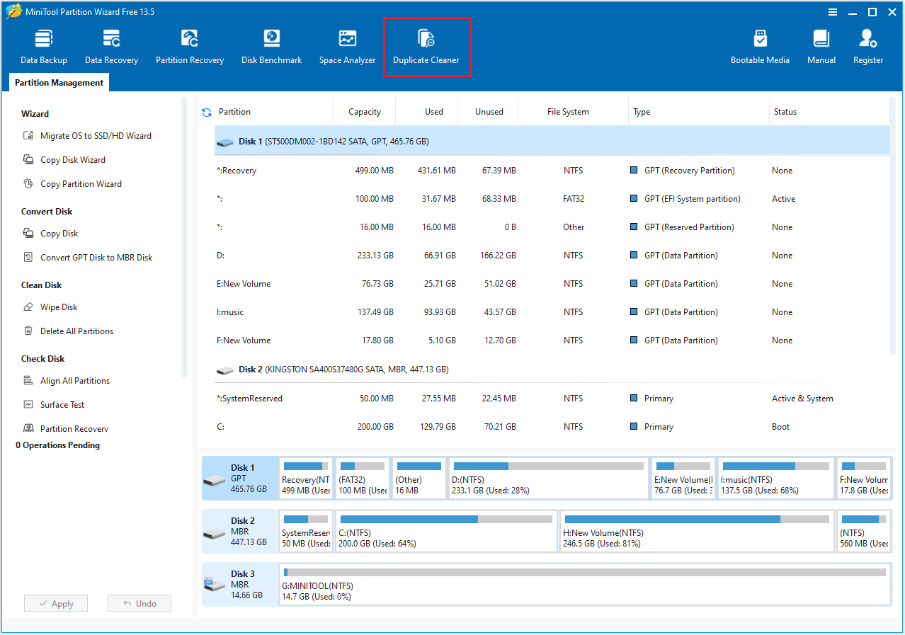 The MiniTool Partition Wizard main interface with the selected Duplicate Cleaner option.
