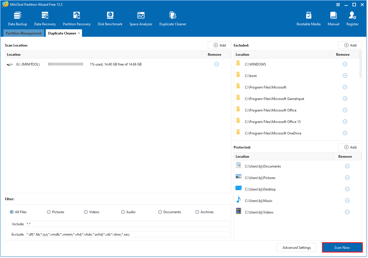 MiniTool Partition Wizard Duplicate Cleaner interface with the selected Scan Now option.