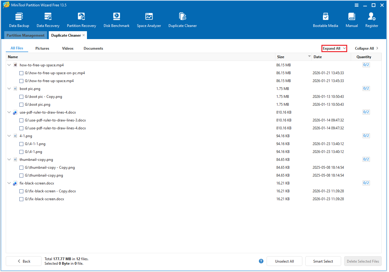 The MiniTool Partition Wizard interface with the result of scanning duplicate files and click Expand ALL.