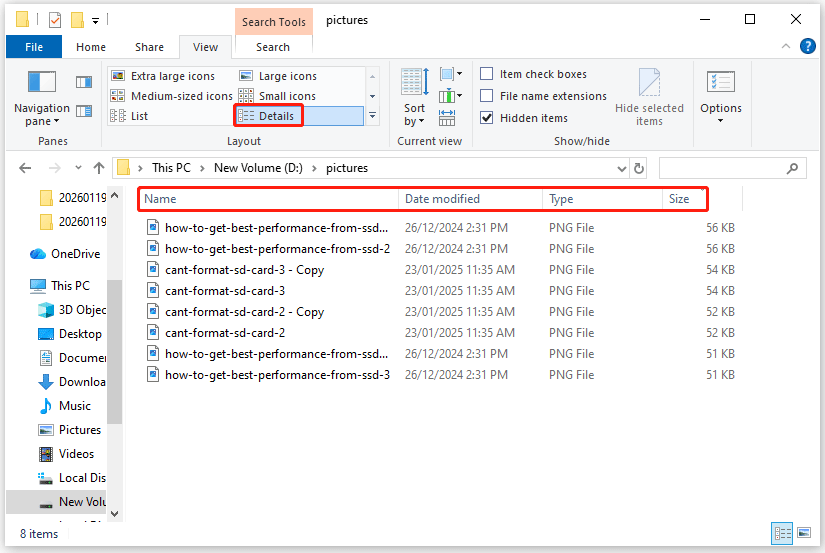 The Windows File Explorer interface with selected Details view.
