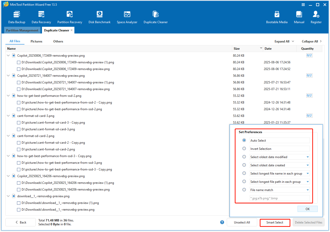 The Smart Select option selected in the bottom right corner of the MiniTool Partition Wizard interface.