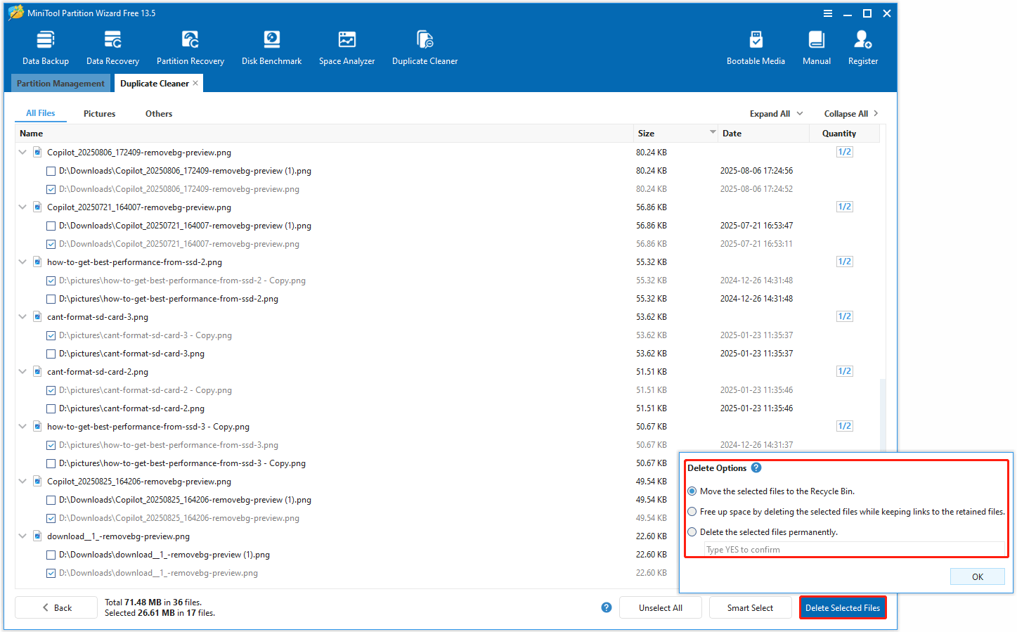 The Delete Selected Files option selected in the bottom right corner of the MiniTool Partition Wizard interface.