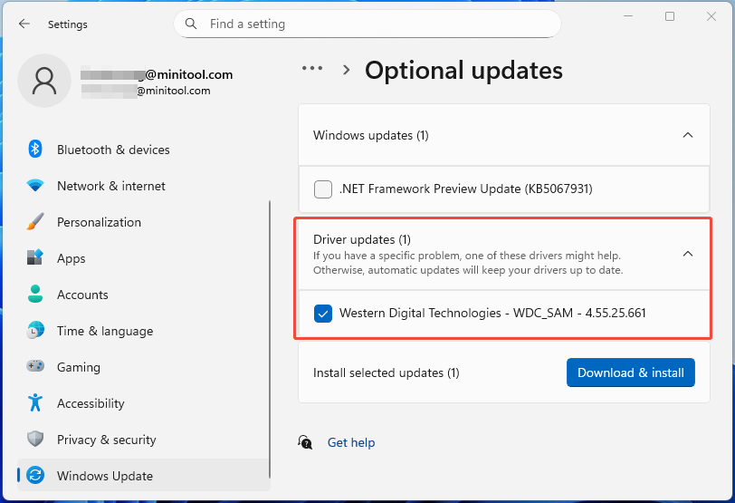 Windows 11 Settings interface with the Optional updates panel showing the selected driver updates. 