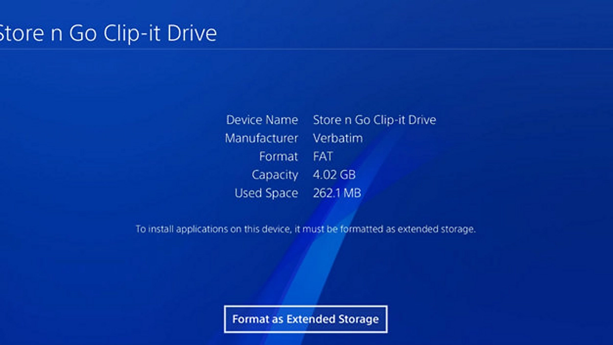 The Format as Extended Storage option selected in the PS4 Settings window.