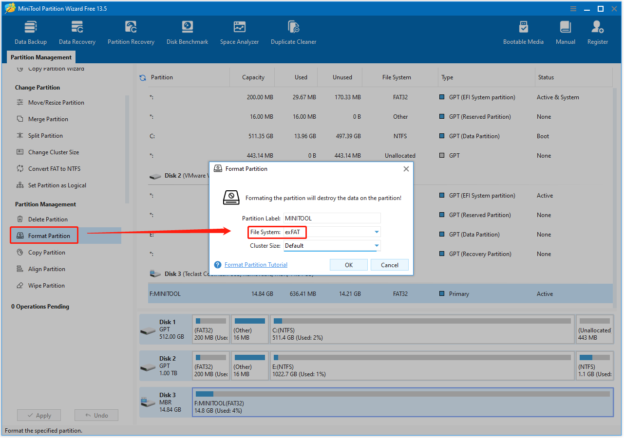 MiniTool Partition Wizard interface with the Format Partition and File System option selected.