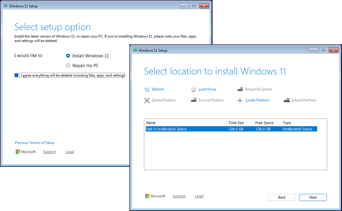 Two Windows 11 Setup interfaces asking you to select the setup option and location to install Windows 11.