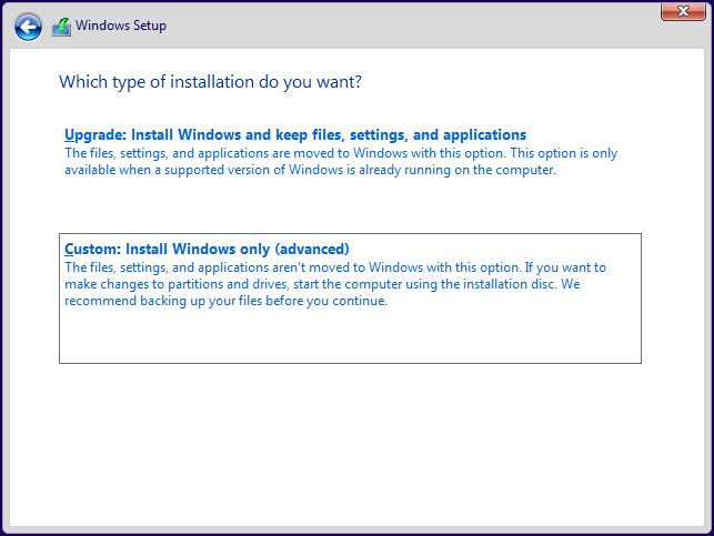 The Windows Setup interface showing the upgrade and custom Windows installation types.