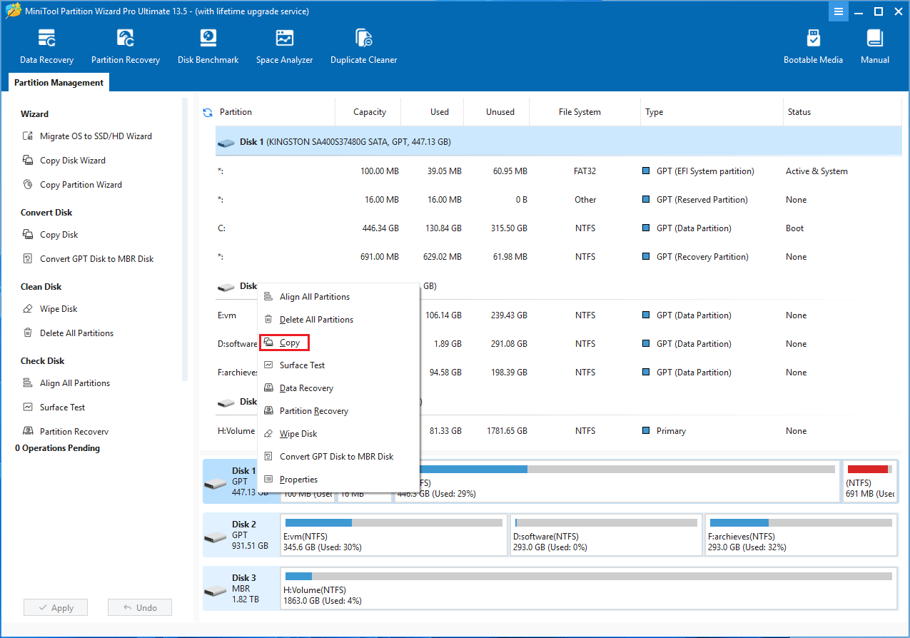 The MiniTool Partition Wizard interface with the selected Copy option in the right click menu of the system disk.