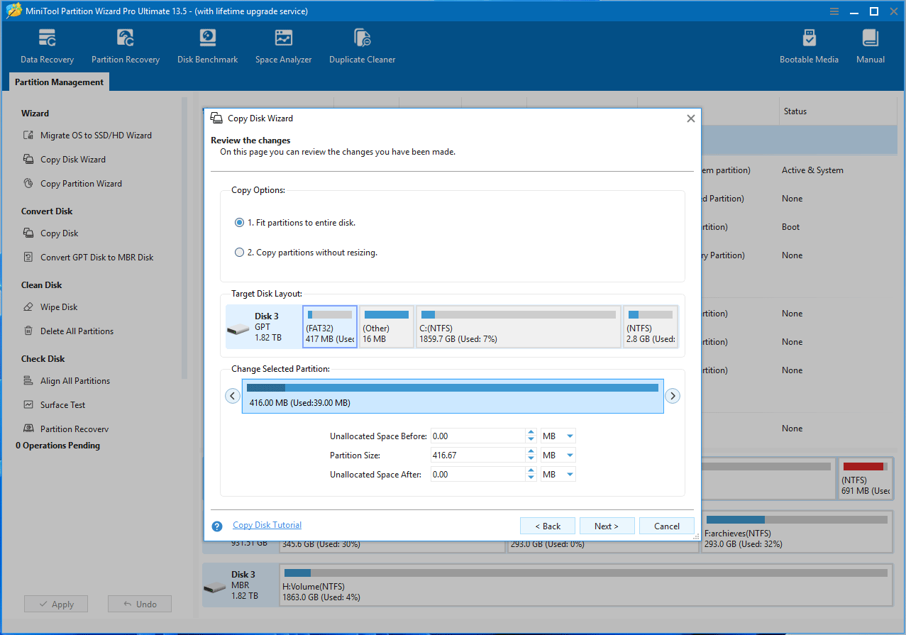 The MiniTool Partition Wizard interface with the Copy Disk Wizard window asking you to review the copy changes.