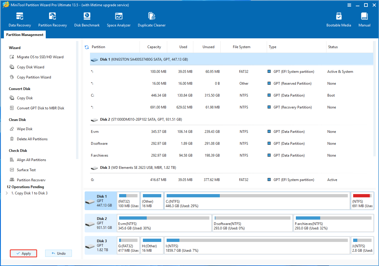 The MiniTool Partition Wizard interface with the selected Apply button.