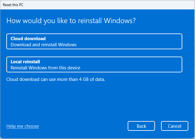 The Reset this PC window with the Cloud download and Local reinstall options.