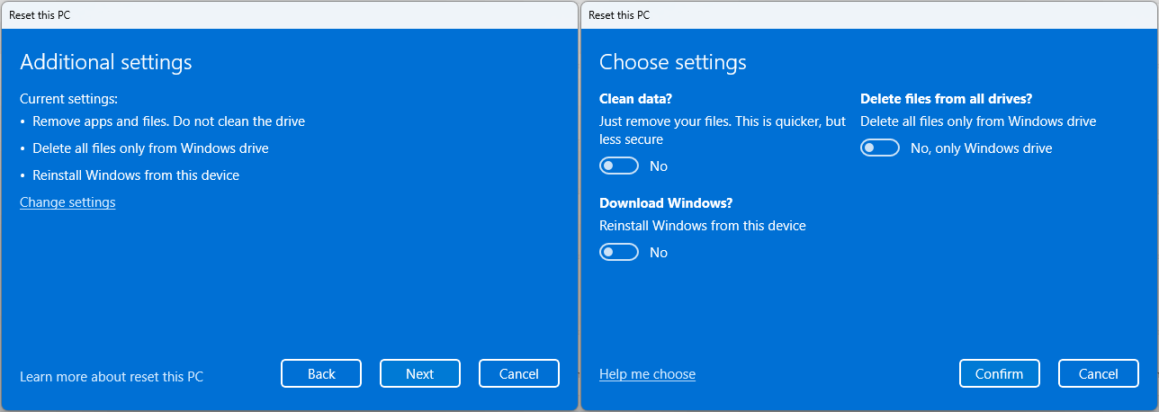 Two Reset this PC windows showing Additional settings and Choose settings pages.