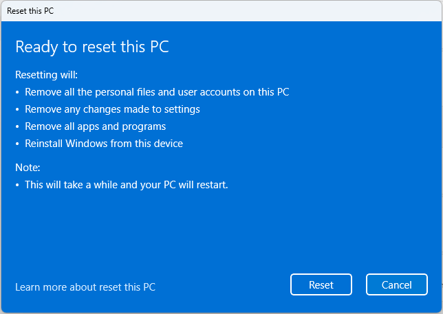 The Reset this PC window showing the Ready to reset this PC page.