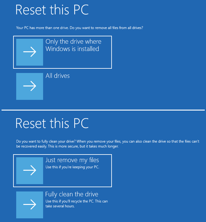Two Reset this PC interfaces asking you where to delete files and how to clean the data.