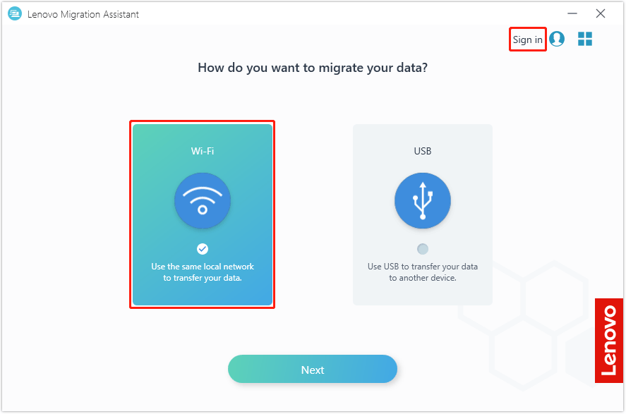 The Sign in and WiFi option selected to transfer data in Lenovo Migration Assistant.