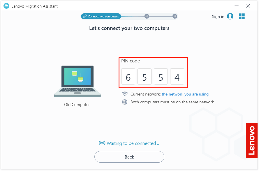 The PIN code showing to connect to the new Lenovo PC in Lenovo Migration Assistant.