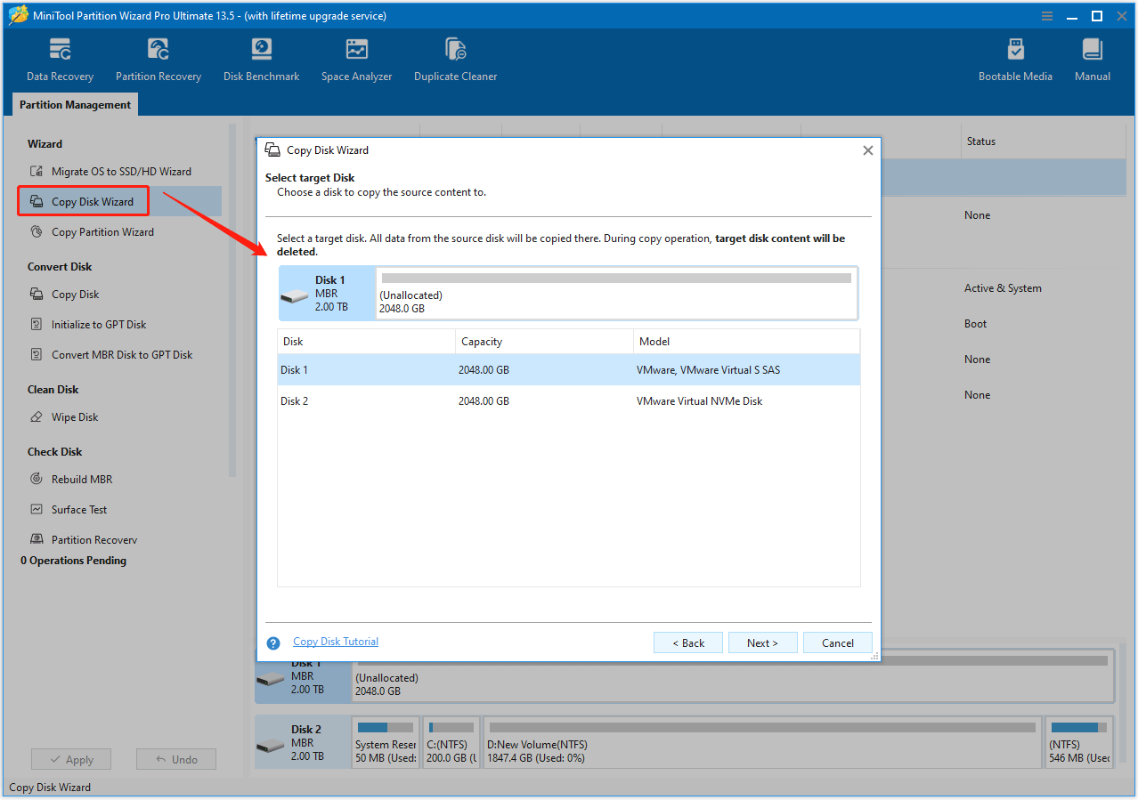 The Copy Disk Wizard option selected from the left action panel in MiniTool Partition Wizard.