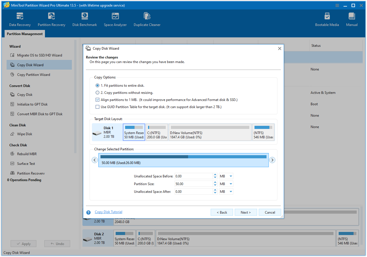 The MiniTool Partition Wizard interface of showing the copy options and target disk layout.