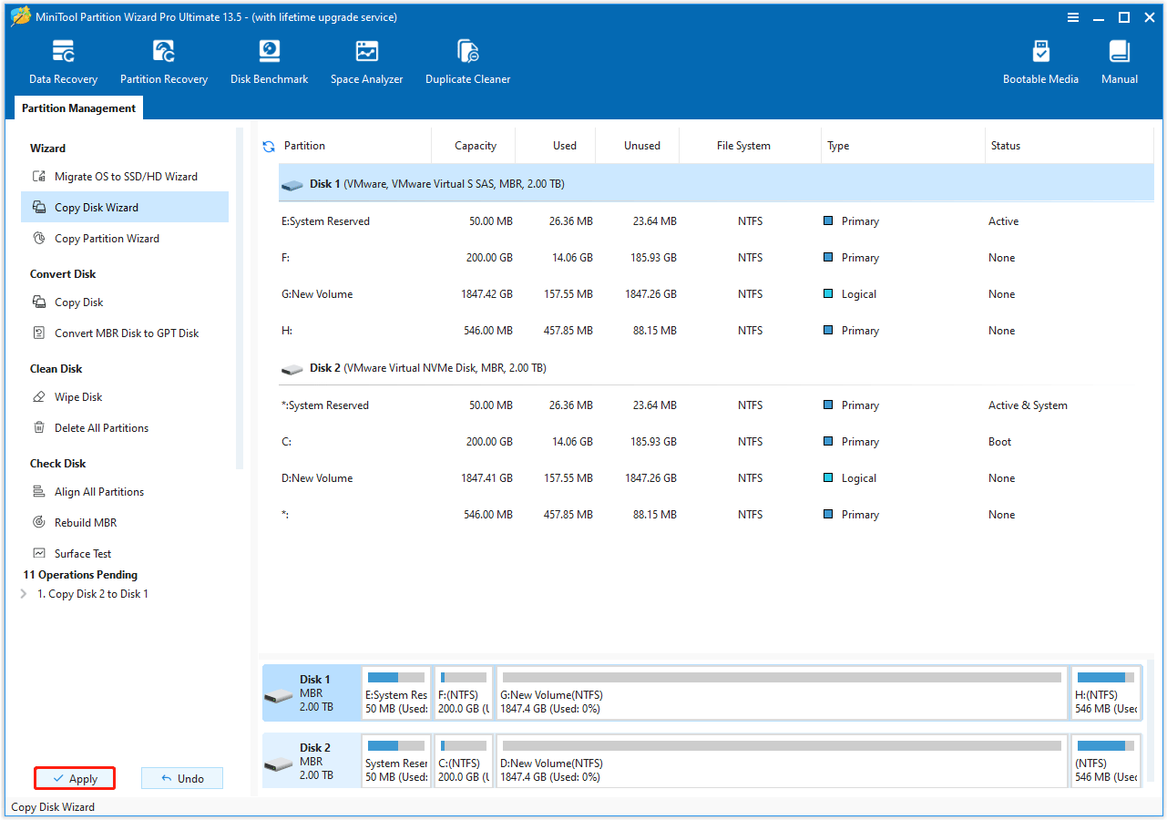 The interface with the Apply button selected in MiniTool Partition Wizard.