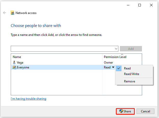 The Share button selected to create a shared folder in the Network access window.