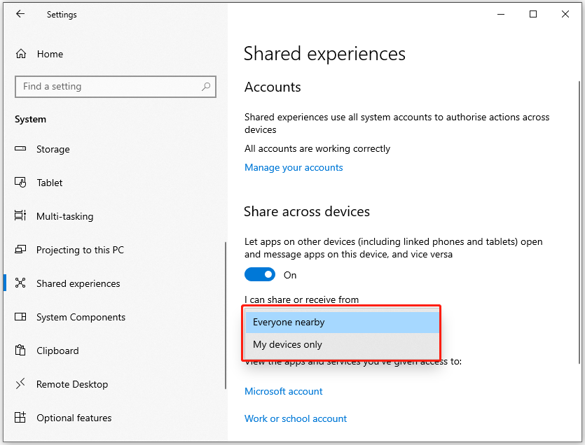 The Every nearby and My devices only option selected to share files in Settings.