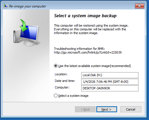 The interface of Use the latest available system image recommended with the selected Next option.