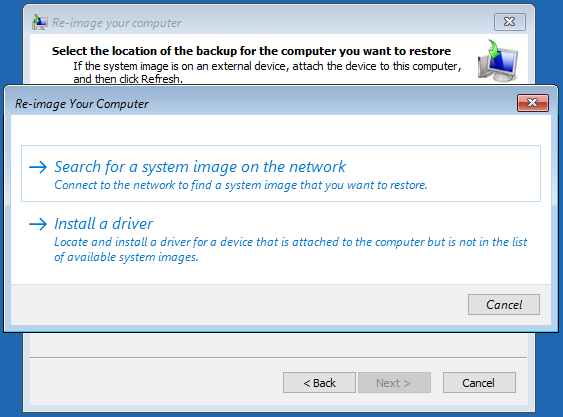 The interface of Reimage Your Computer with the selected Search for a system image on the network.