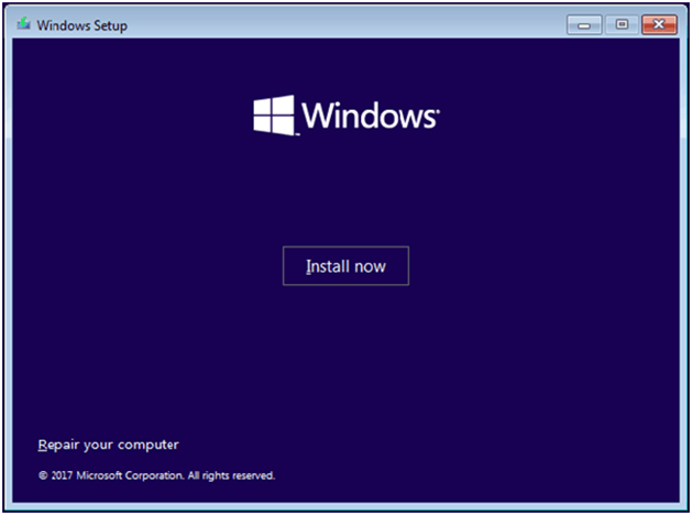 The Windows Setup interface with the selected the Install now option.