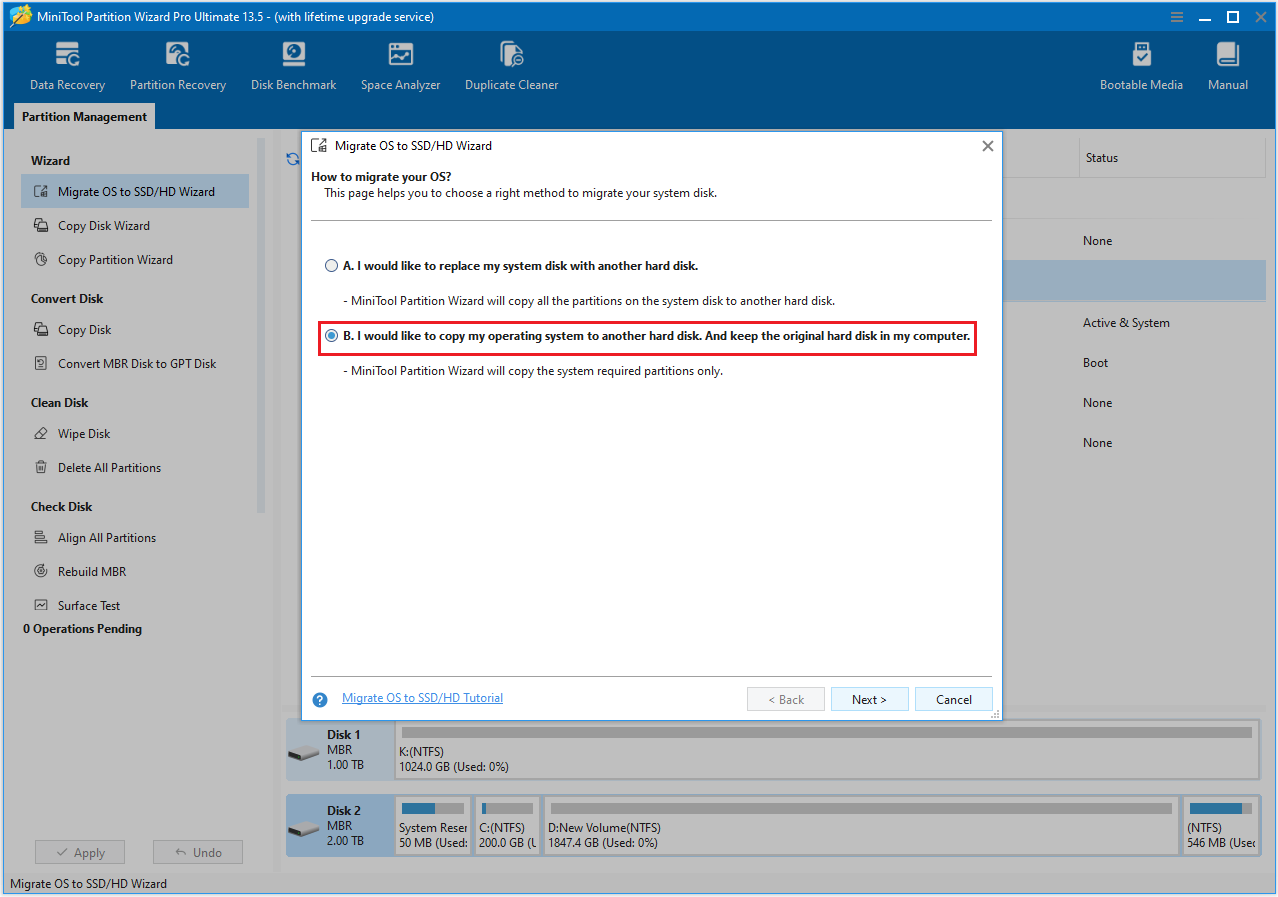 The Migrate OS to SSD Wizard interface with the selected I would like to copy operating system to another hard disk option.