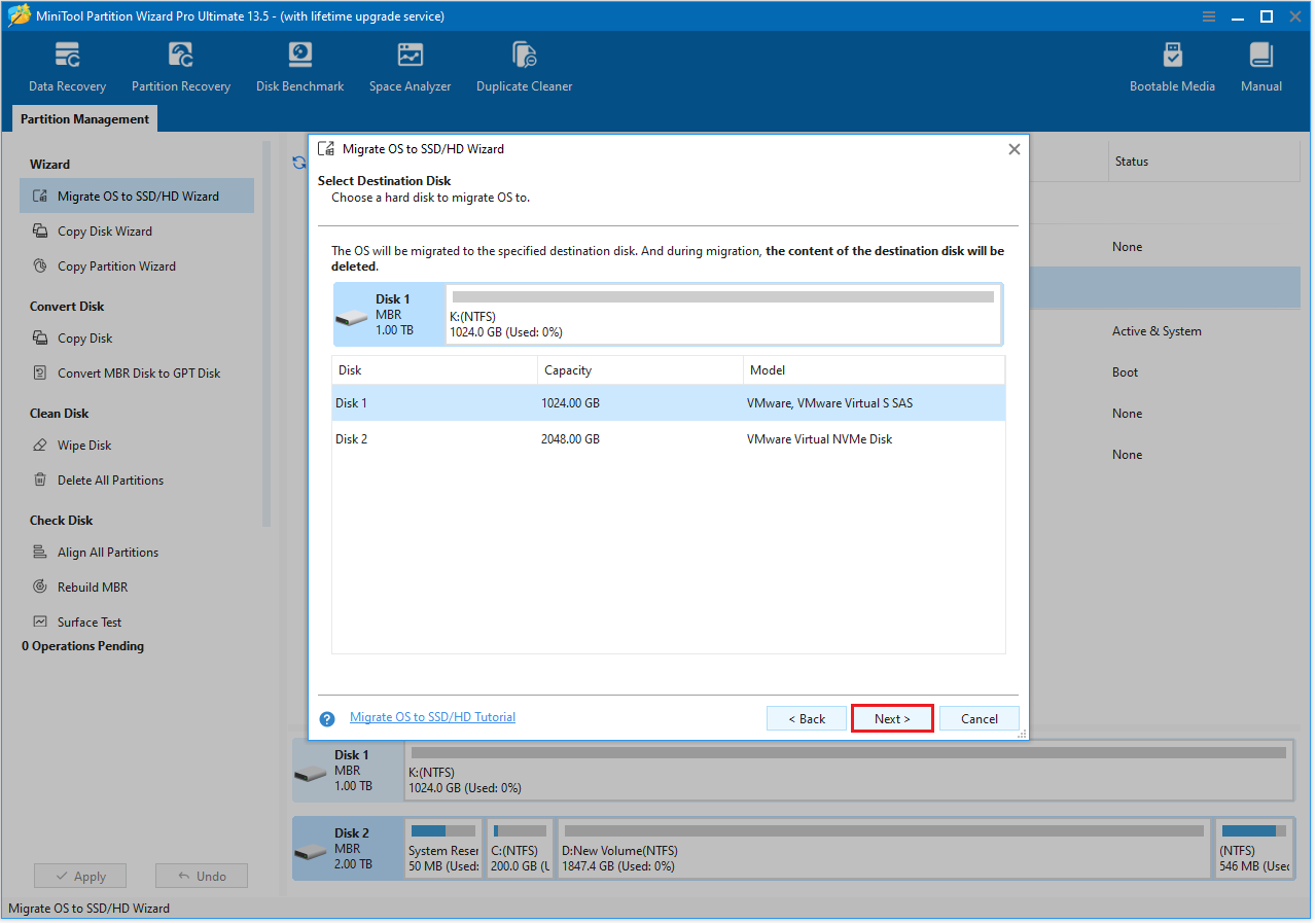 The interface of Select Destination Disk with the selected Next option.