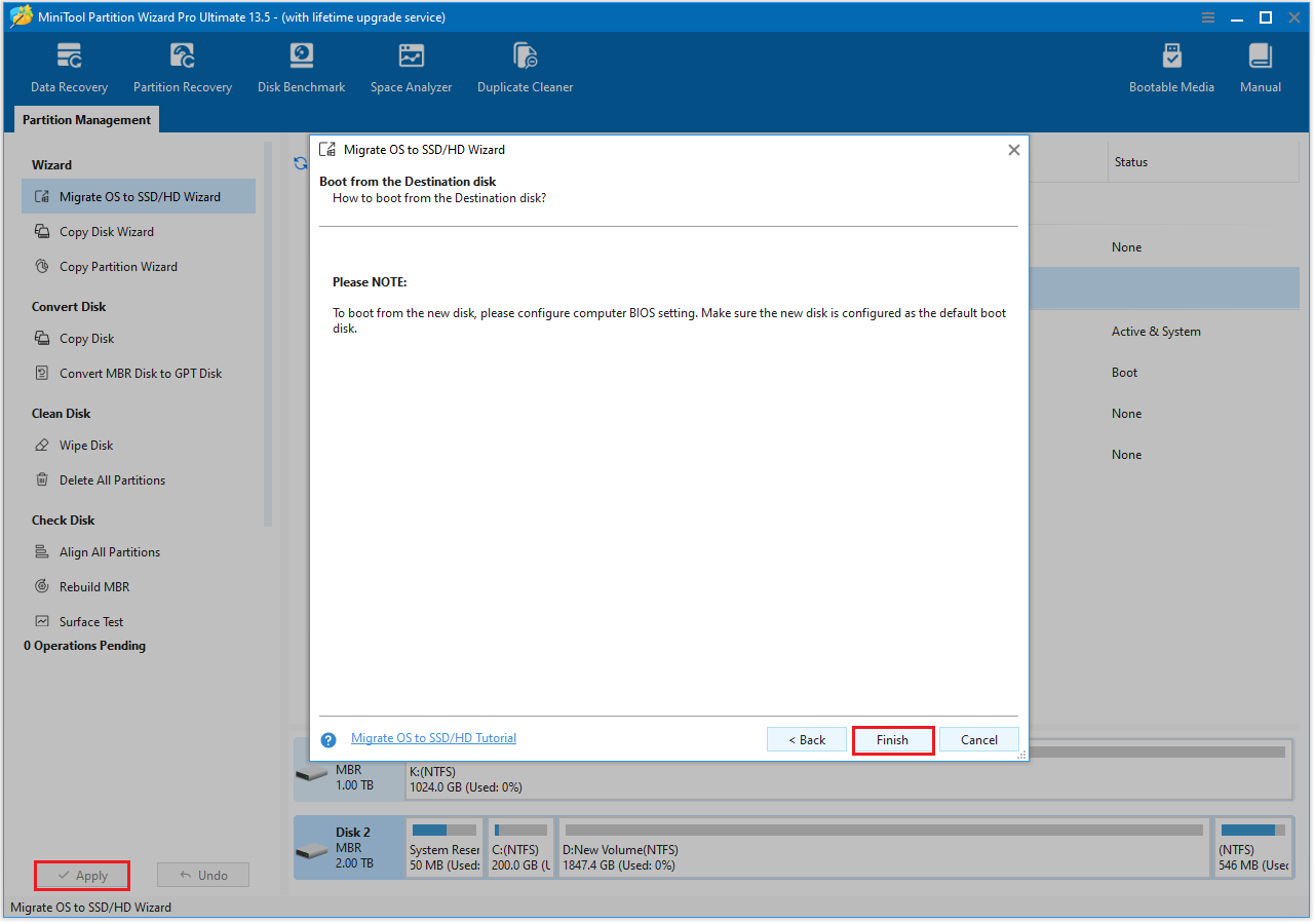 The Boot from the Destination disk interface with the selected Finish and Apply option.