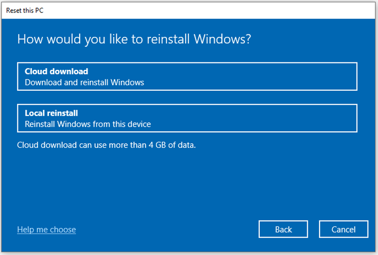 The Reset this PC window offering options to reinstall Windows from Cloud download or Local reinstall.