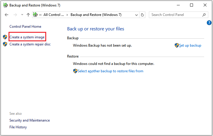 The interface of Backup and Restore Windows 7 with the selected Create a system image option.