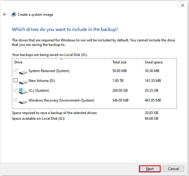 The Create a system image window asks you to choose a location to save the backup.