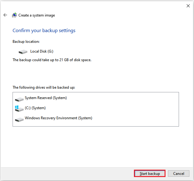 The Create a system image window asks you to confirm your backup settings.