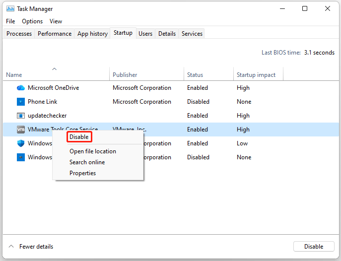 The Disable option selected to disable high startup impact apps in Task Manager.