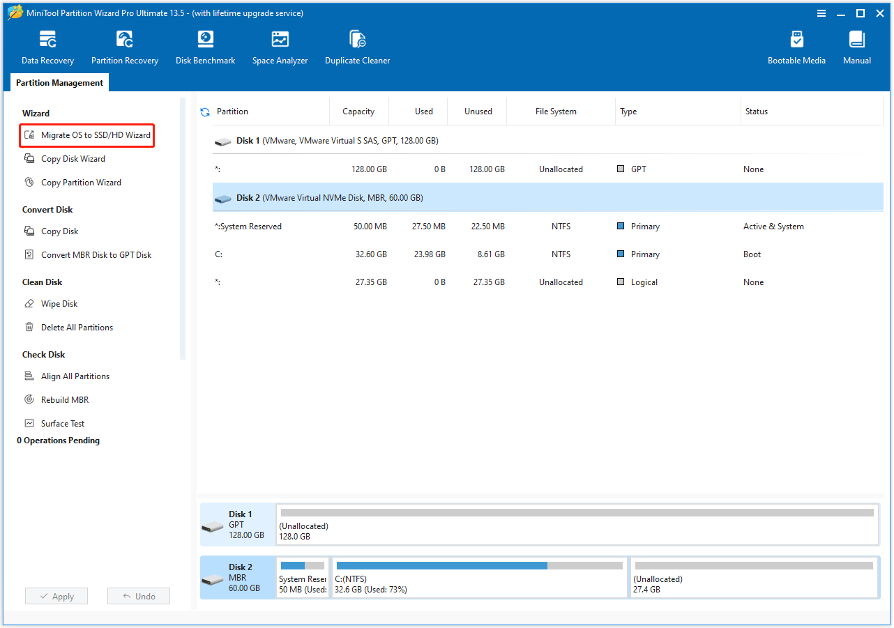 The Migrate OS to SSD or HD feature selected in the left action panel of the MiniTool Partition Wizard interface.
