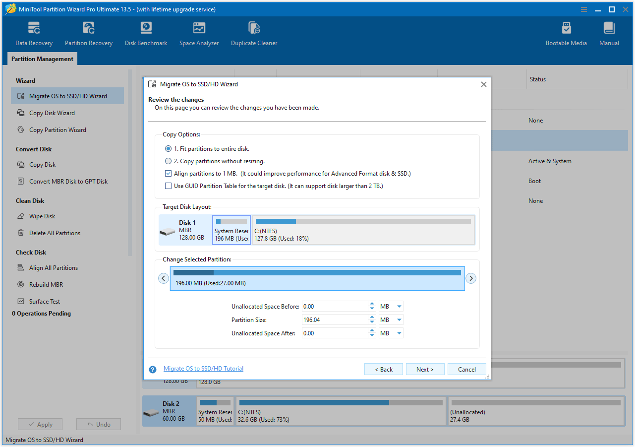 MiniTool Partition Wizard interface with the process of adjusting the copy options.