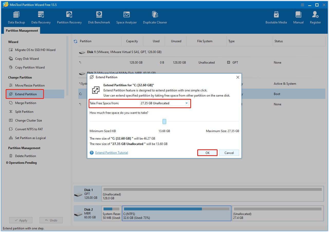 The process of taking free space from other partitions or unallocated space in MiniTool Partition Wizard.
