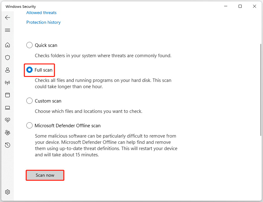 The Full scan and Scan now option selected in the Windows Security.