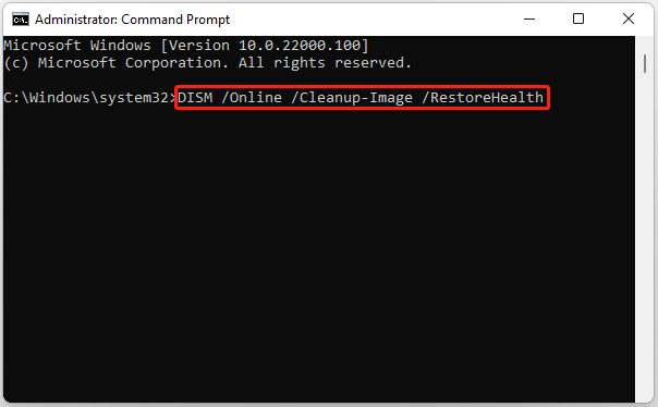 The Command Prompt interface with the DISM Online Cleanup Image RestoreHealth command.