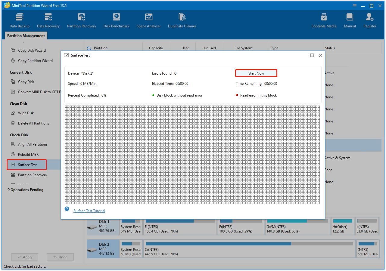 The Surface Test and Start Now option selected to check bad sectors in the MiniTool Partition Wizard interface.