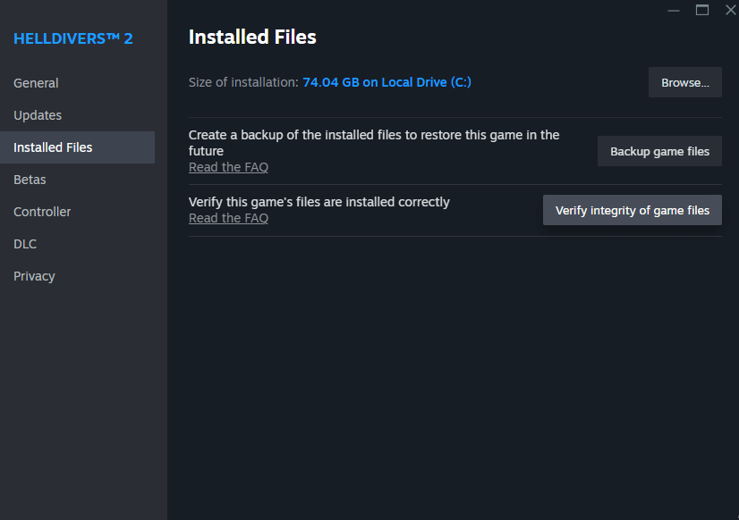 The Installed Files and Verify integrity of game files option selected in Steam.