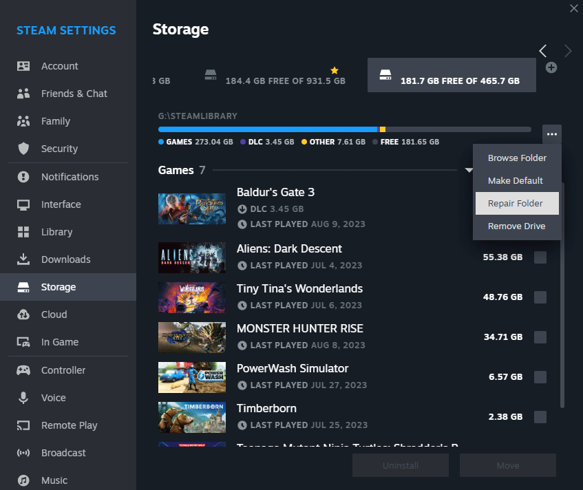 The Repair Folder option selected in the Steam Storage interface.