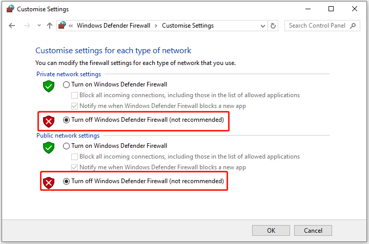 The Turn off Windows Defender Firewall option selected for Private and Public network settings in Control Panel.