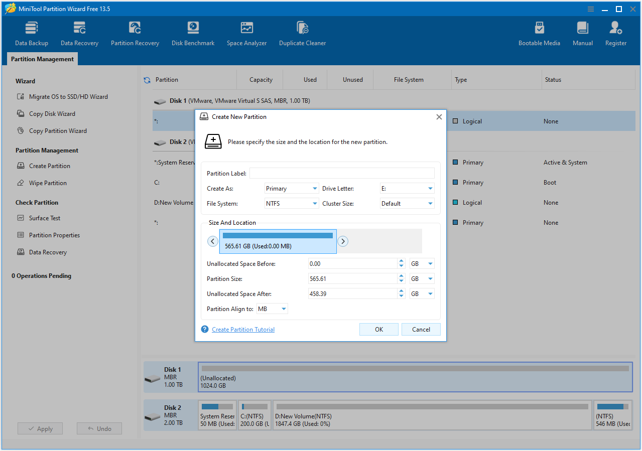 The Create partition interface of MiniTool Partition Wizard.